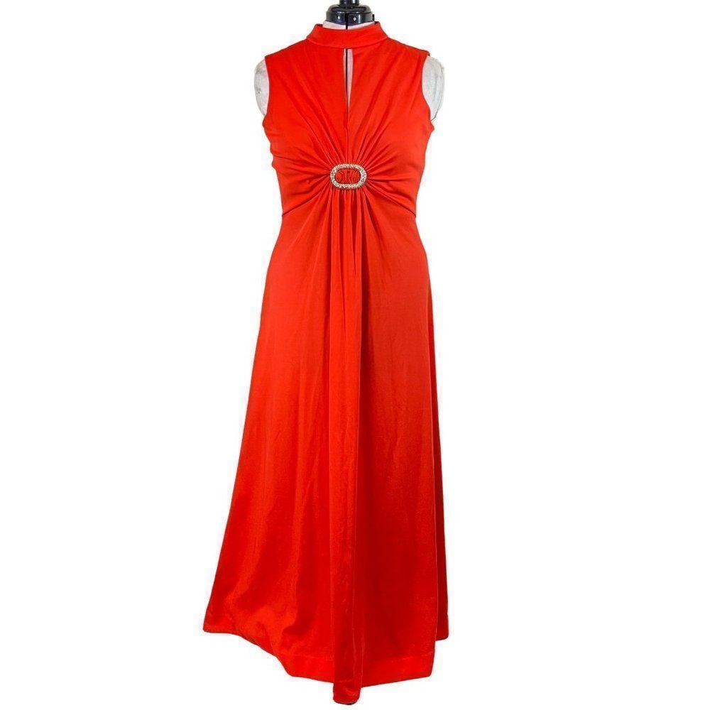 70s Vintage Montgomery Ward Orange High Neck Sleeveless Keyhole Maxi Dress Sz L